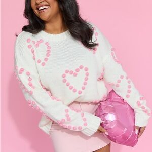 Pink Lily White Knit Sweater with Pink Heart Pom Details